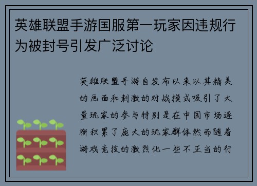 英雄联盟手游国服第一玩家因违规行为被封号引发广泛讨论